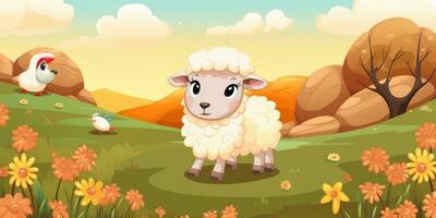 Cute sheep on the field. Cartoon. Generative AI photo