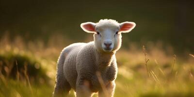 Cute happy lamb on the field, sheep. Generative AI photo