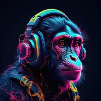 neon monkey in headphones on a black background. Generative AI photo