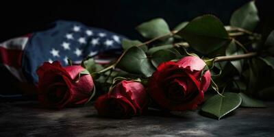 America Day, Roses and soldier's boots on the background of the American flag. Generative AI photo