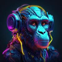 neon monkey in headphones on a black background. Generative AI photo