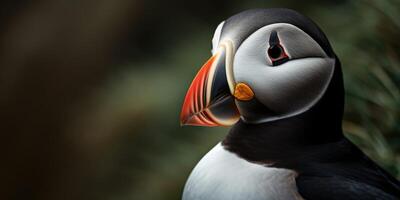 Photo of puffin, sea bird. Wild atlantic puffin seabird in the auk family.