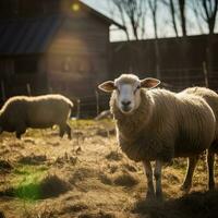 Cute happy lamb on the field, sheep. Generative AI photo