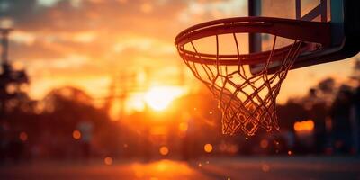 Basketball hoop in the sun. Sport game. Generative AI photo