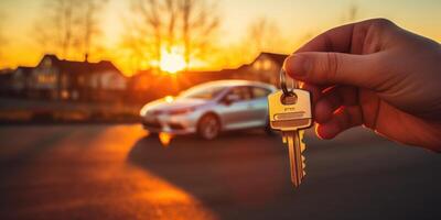 Keys on the background of the car. Buying a new car. photo