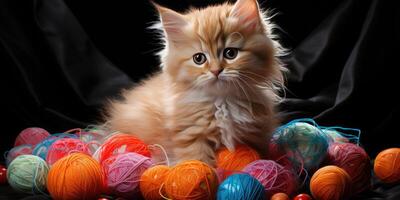 Little cute kitten plays with a ball of thread. photo