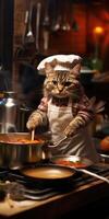 Funny cat prepares food in the kitchen. Generative AI photo