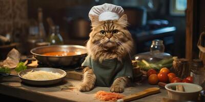 Funny cat prepares food in the kitchen. Generative AI photo