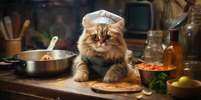 Funny cat prepares food in the kitchen. Generative AI photo