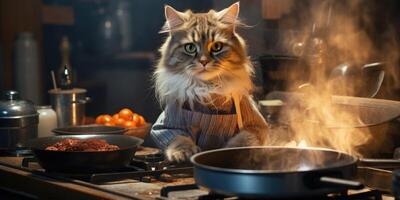 gracioso gato prepara comida en el cocina. generativo ai foto