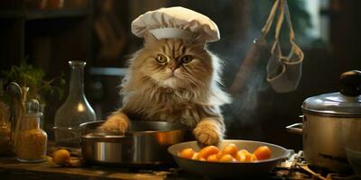 gracioso gato prepara comida en el cocina. generativo ai foto