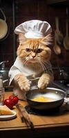 Funny cat prepares food in the kitchen. Generative AI photo