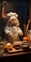 Funny cat prepares food in the kitchen. Generative AI photo