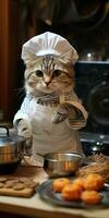 gracioso gato prepara comida en el cocina. generativo ai foto