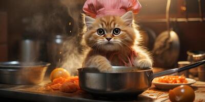 Funny cat prepares food in the kitchen. Generative AI photo