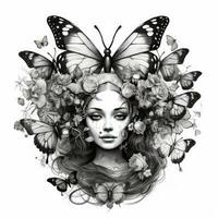 negro y blanco ilustración de un niña con mariposas tatuaje. generativo ai foto