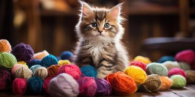 Little cute kitten plays with a ball of thread. photo