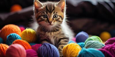 Little cute kitten plays with a ball of thread. photo