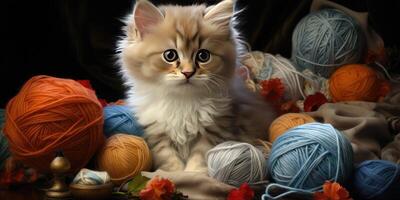Little cute kitten plays with a ball of thread. photo