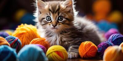 Little cute kitten plays with a ball of thread. Generative AI photo