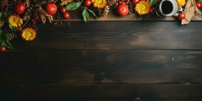 Autumn background, flowers on a wooden surface. Coffee. Generative AI photo