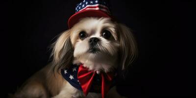 Cute dog dressed in US national colors. July 4th is Independence Day of the United States of America. Generative AI photo