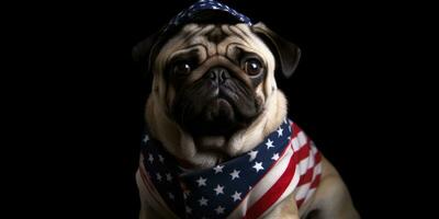 Cute dog dressed in US national colors. July 4th is Independence Day of the United States of America. Generative AI photo