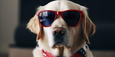 Cute dog dressed in US national colors. July 4th is Independence Day of the United States of America. Generative AI photo