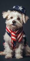 Cute dog dressed in US national colors. July 4th is Independence Day of the United States of America. Generative AI photo