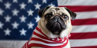 Cute dog dressed in US national colors. July 4th is Independence Day of the United States of America. Generative AI photo