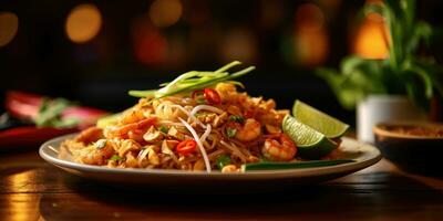 Delicious Pad Thai noodle dish in a Thai restaurant. Generative AI photo