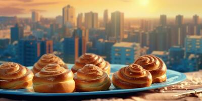 Delicious cinnabon. Appetizing buns on the background of the city. Generative AI photo