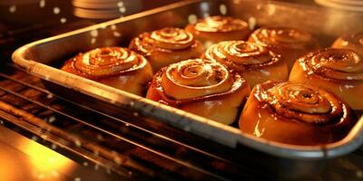 Delicious cinnabon. Appetizing buns in the oven. Generative AI photo