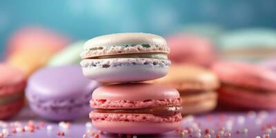 Macaron on a pastel background. Banner. Place for text. Generative AI photo