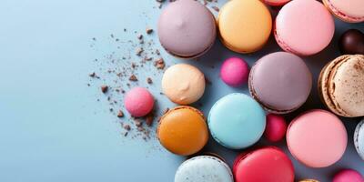 Macaron on a pastel background. Banner. Place for text. Generative AI photo