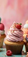 Delicious cupcakes. Appetizing cupcakes on a pastel background. Generative AI photo