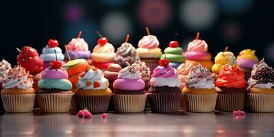 Delicious cupcakes. Appetizing cupcakes on a pastel background. Generative AI photo