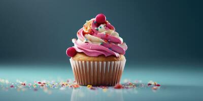 Delicious cupcakes. Appetizing cupcakes on a pastel background. Generative AI photo
