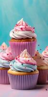 Delicious cupcakes. Appetizing cupcakes on a pastel background. Generative AI photo