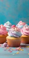 Delicious cupcakes. Appetizing cupcakes on a pastel background. Generative AI photo