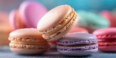 Macaron on a pastel background in a wet watercolor theme. Banner. Place for text. Generative AI photo