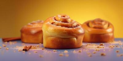 Delicious cinnabon. Appetizing buns on pastel background. Generative AI photo