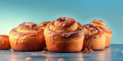 Delicious cinnabon. Appetizing buns on pastel background. Generative AI photo