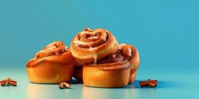 Delicious cinnabon. Appetizing buns on pastel background. Generative AI photo