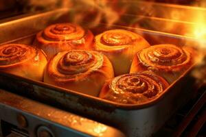 delicioso canela apetitoso bollos en el horno. generativo ai foto