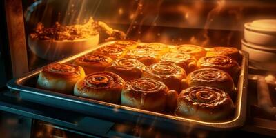 Delicious cinnabon. Appetizing buns in the oven. Generative AI photo