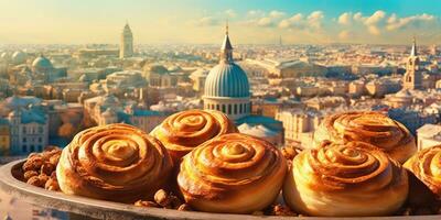 Delicious cinnabon. Appetizing buns on the background of the city. Generative AI photo
