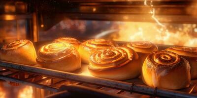 delicioso canela apetitoso bollos en el horno. generativo ai foto