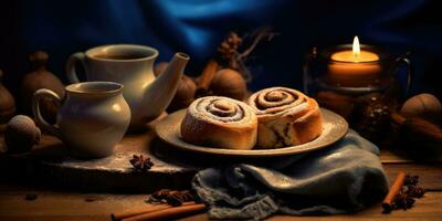 Delicious cinnabon. Appetizing buns on the table. Generative AI photo