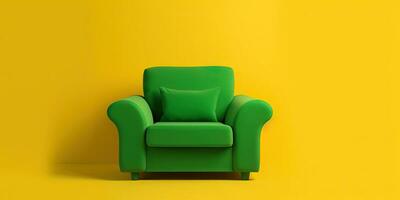 Green armchair on a yellow background. Minimalism. Place for text. Generative AI photo